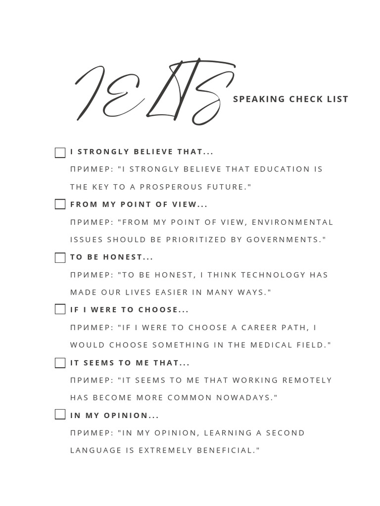 IELTS Speaking Checklist by Anastasia Plotnikova - 250101 - 174245 | PDF