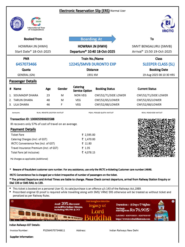 Howrah to SMVB Duronto Exp Ticket | PDF | Identity Document