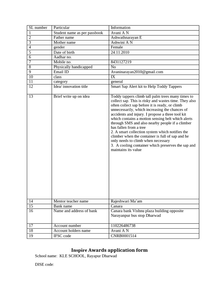 Inspire Award Application Form | PDF