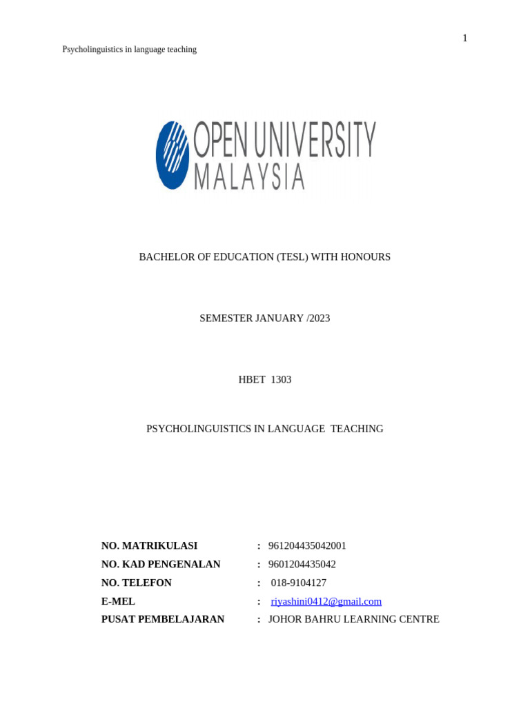 Psycholinguistics in ESL Teaching | PDF | English As A Second Or ...