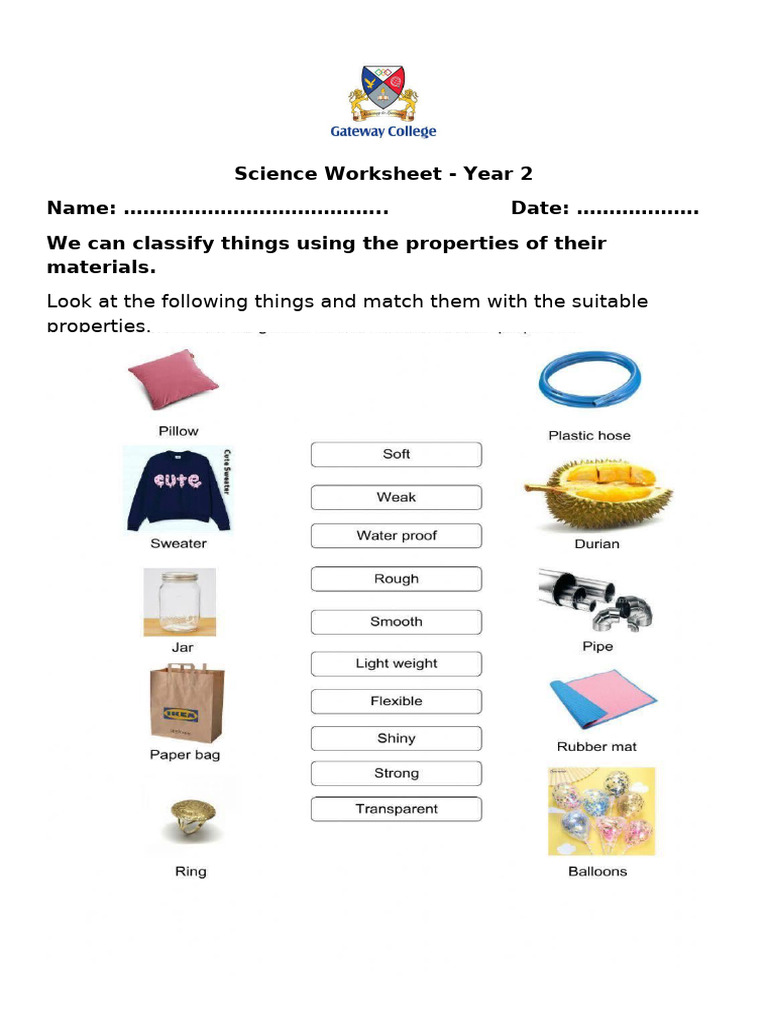 Year 2 Science Worksheet: Material Properties | PDF