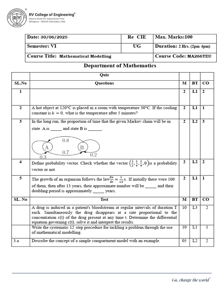 Mathematical Modelling Quiz and Solutions | PDF | Applied Mathematics