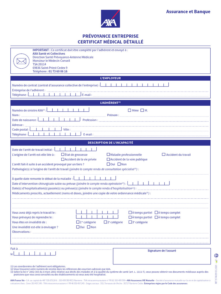Certificat Médical Détail AXA | PDF | Assurance | Soins de santé