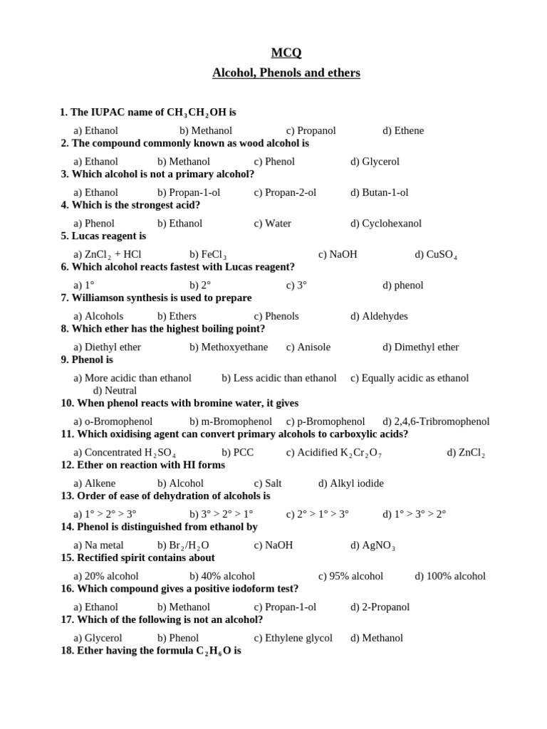 Alcohols, Phenols, and Ethers MCQs | PDF | Ether | Ethanol