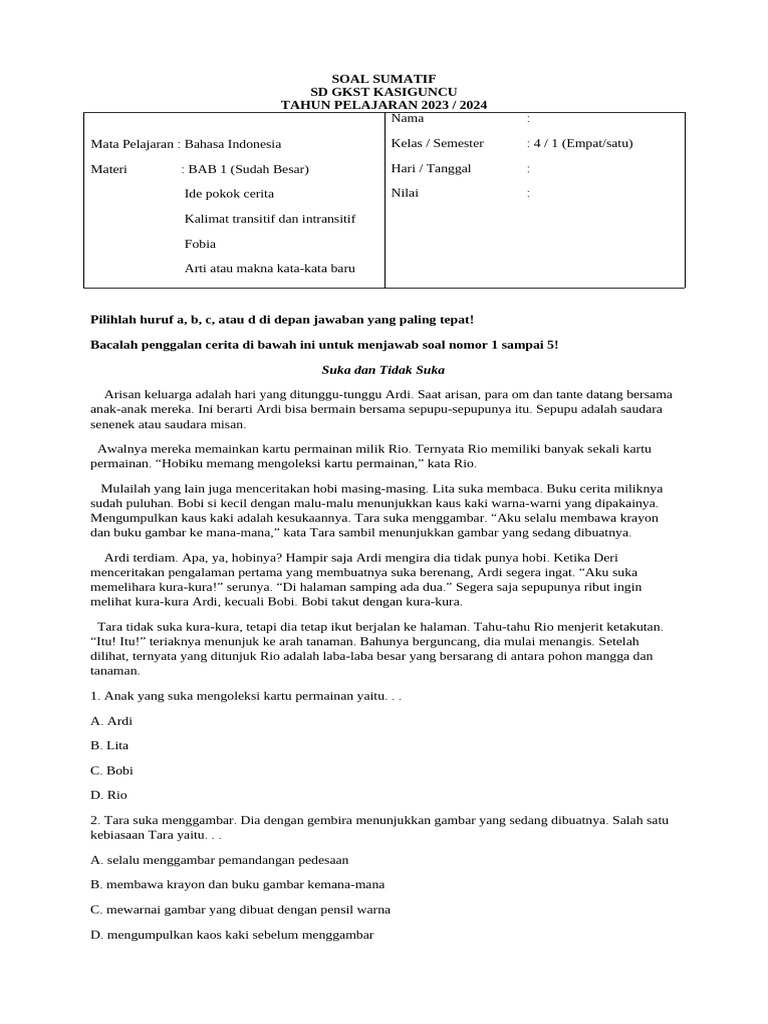 Soal Bahasa Indonesia Kelas 4 SD 2023 | PDF
