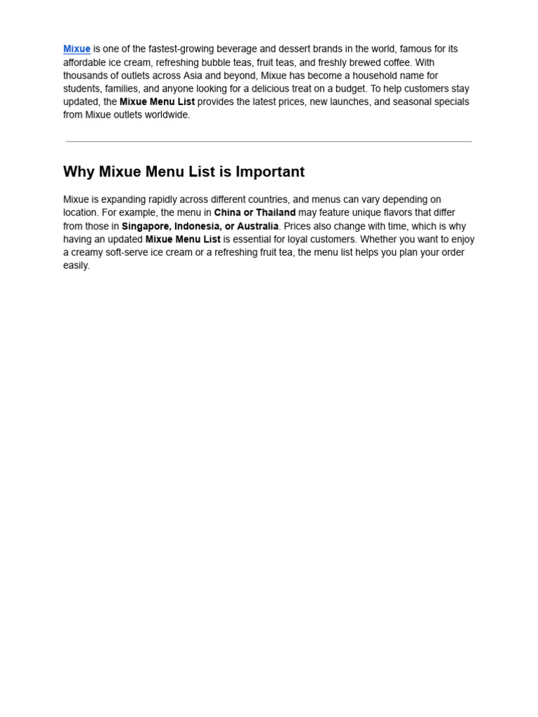 Mixue Global Menu and Pricing Guide | PDF