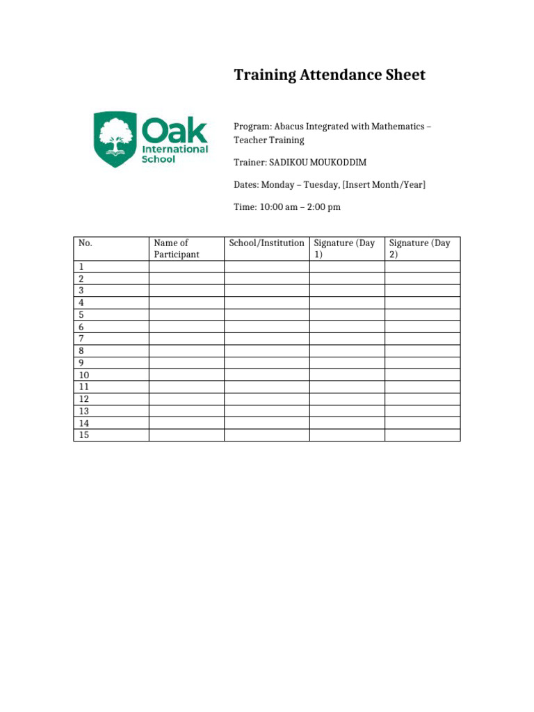 Abacus Teacher Training Attendance Sheet | PDF