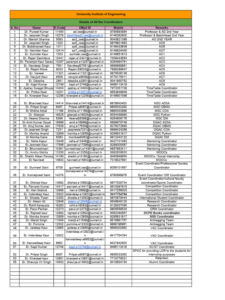 University Engineering Coordinators List | PDF