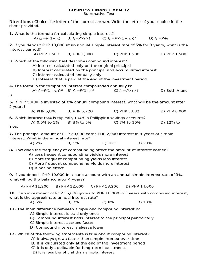 Business Finance Summative Test Aug 8 | PDF | Compound Interest | Interest