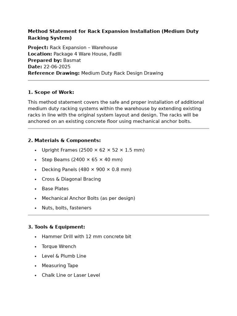 Method Statement For Rack Expansion Installation | PDF | Screw | Drill