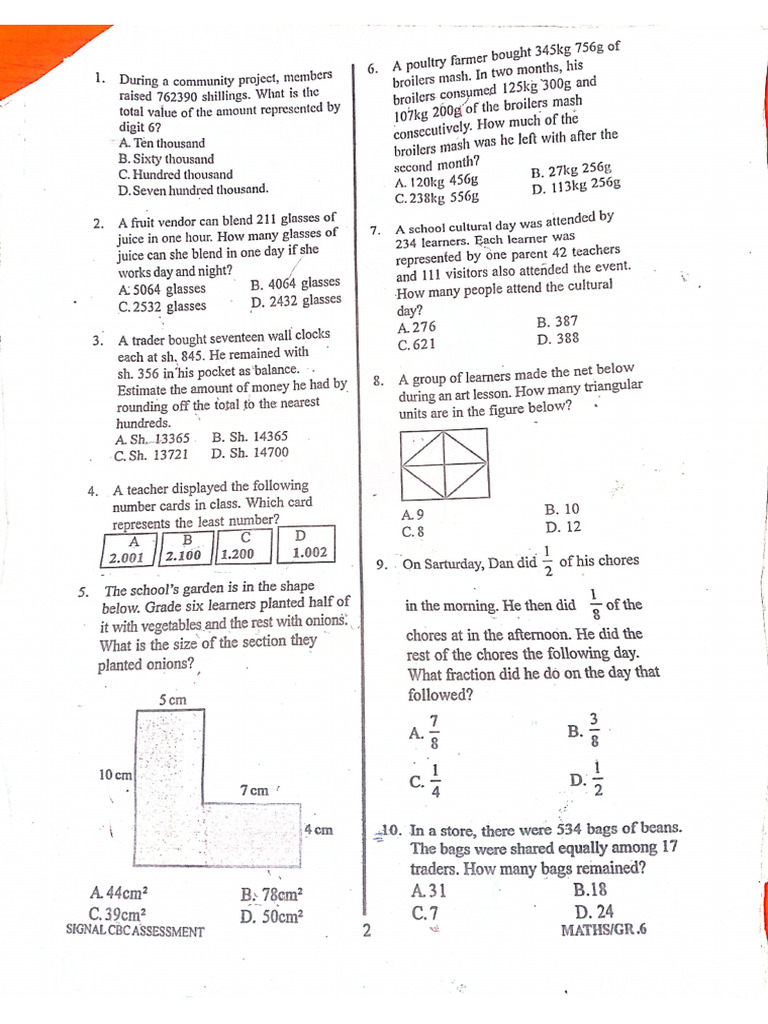 Grade Six Mathematics Assessment | PDF
