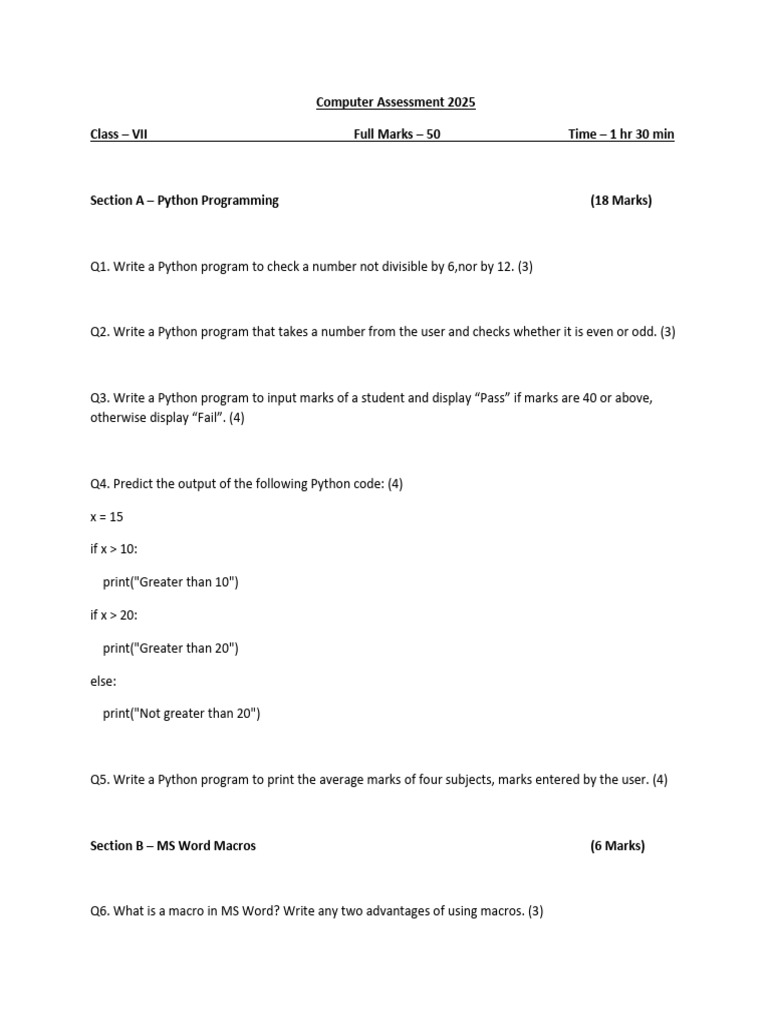 Class VII Computer Assessment 2025 | PDF