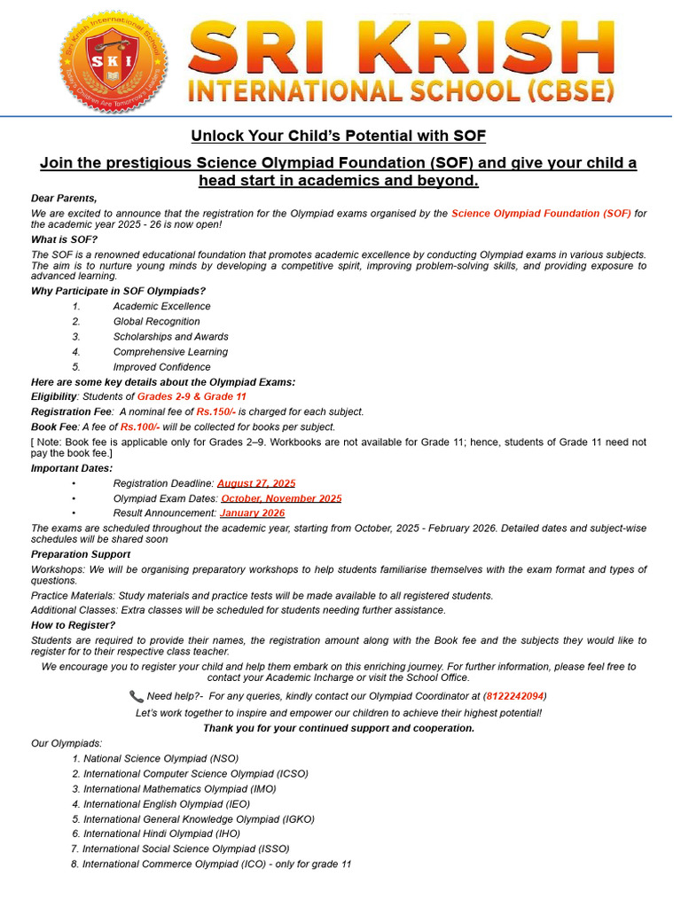 SOF Olympiad Exam Dates 2025-26 | PDF