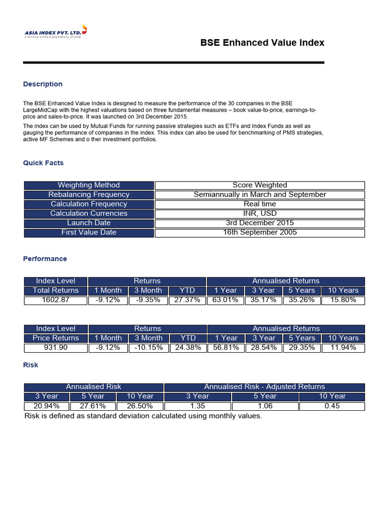 BSE Enhanced Value Index Overview | PDF | Investment Fund | Exchange ...
