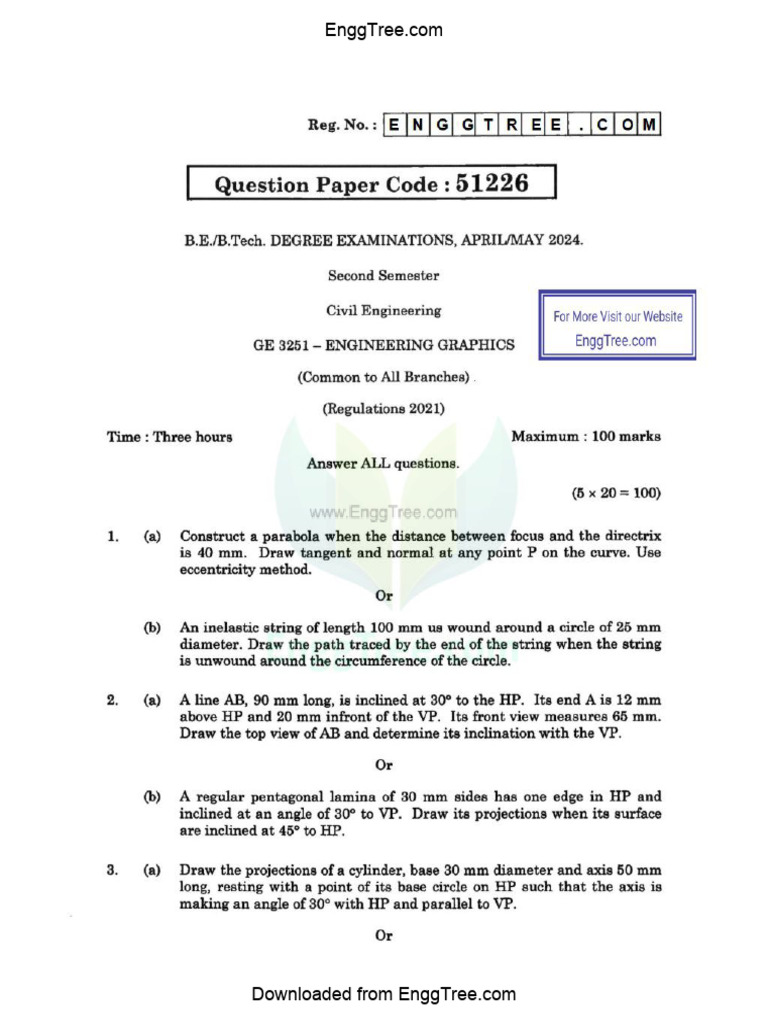 GE3251 Engineering Graphics Apr May 2024 Question Paper 1 Download | PDF