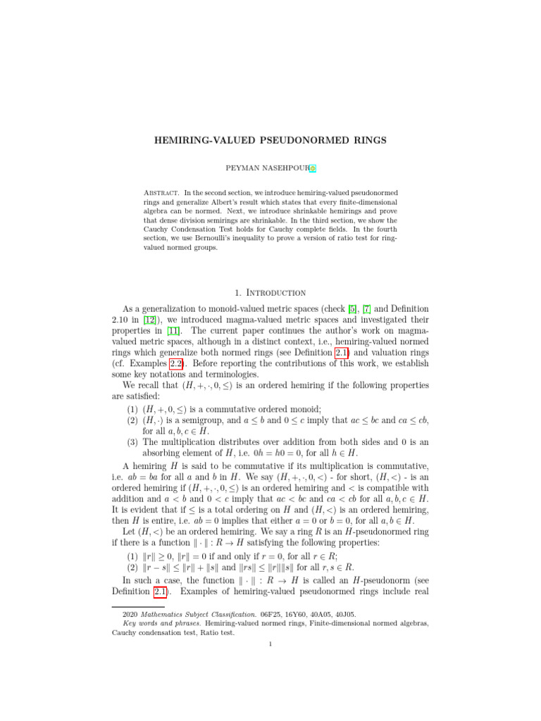 Hemiring-Valued Pseudonormed Rings: Abstract | PDF | Ring (Mathematics ...