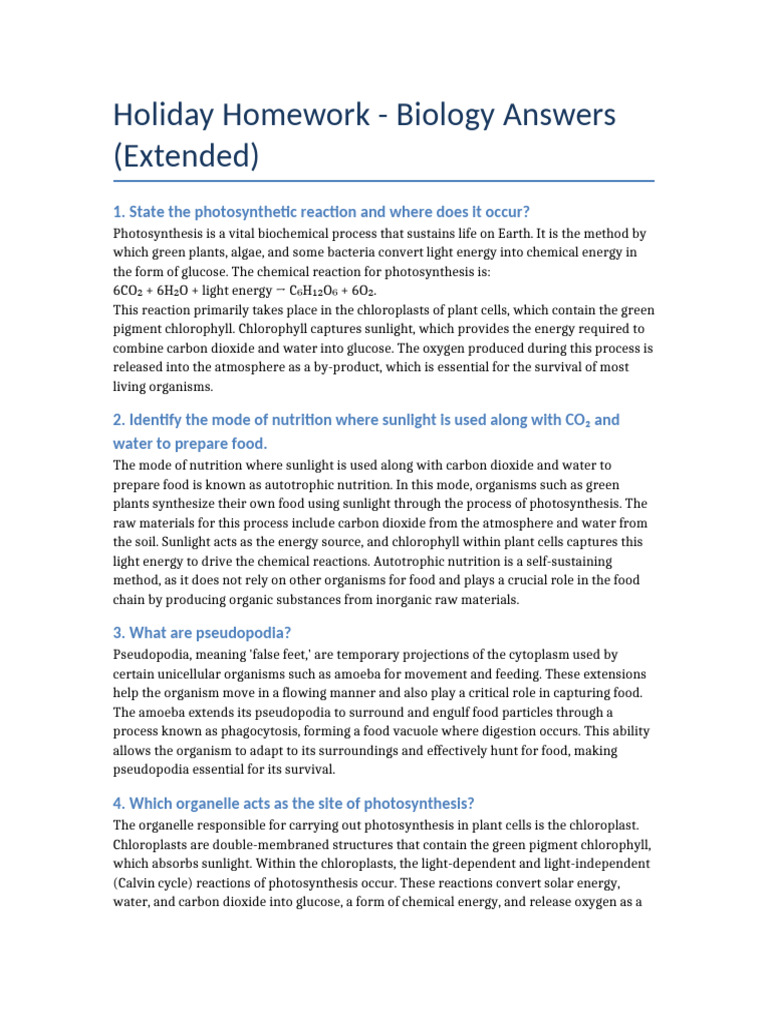 Holiday Homework Biology Answers Extended | PDF | Photosynthesis ...