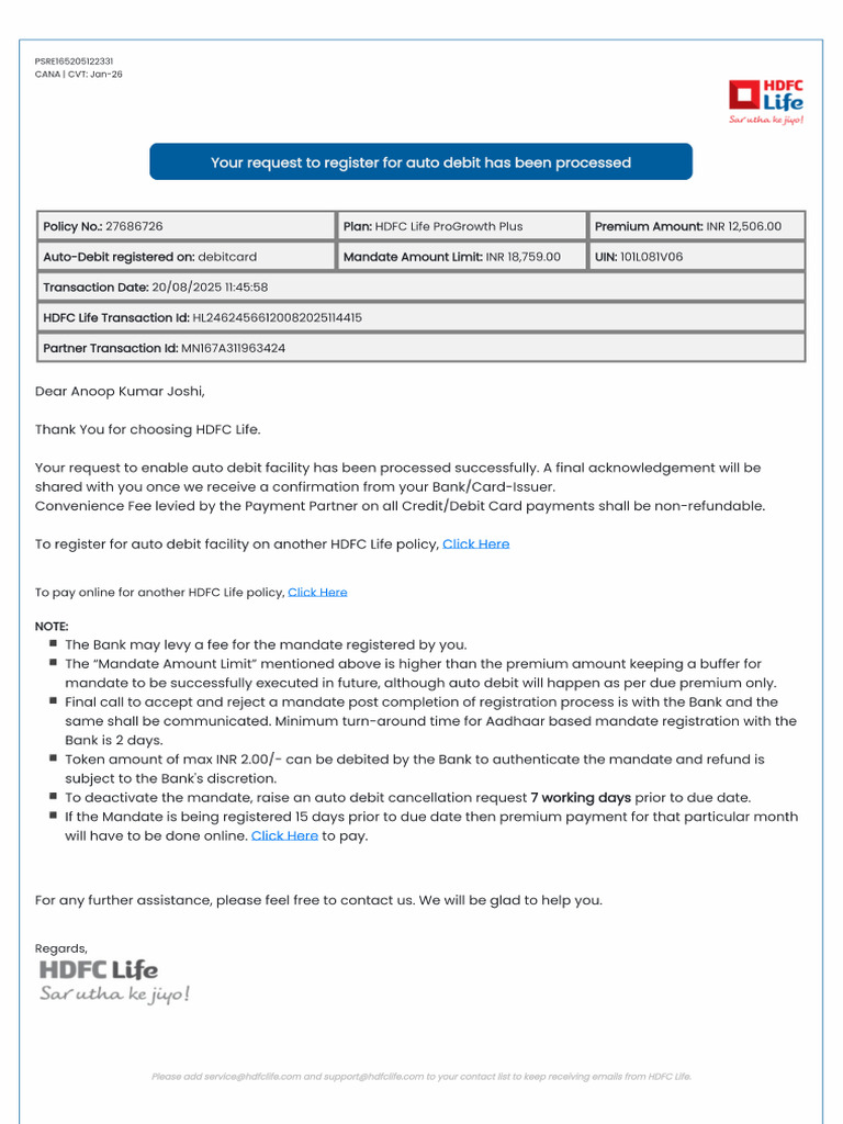 Auto-Debit Registration Acknowledgement | PDF
