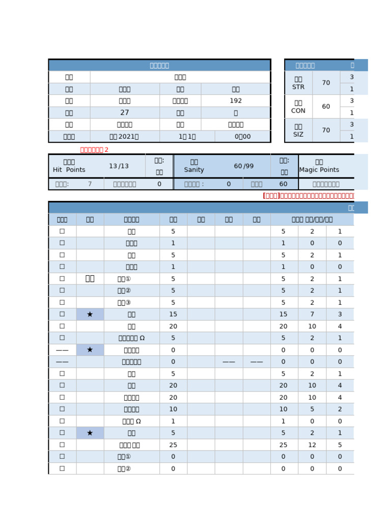 COC七版规则空白卡CY20 06 1-1 | PDF