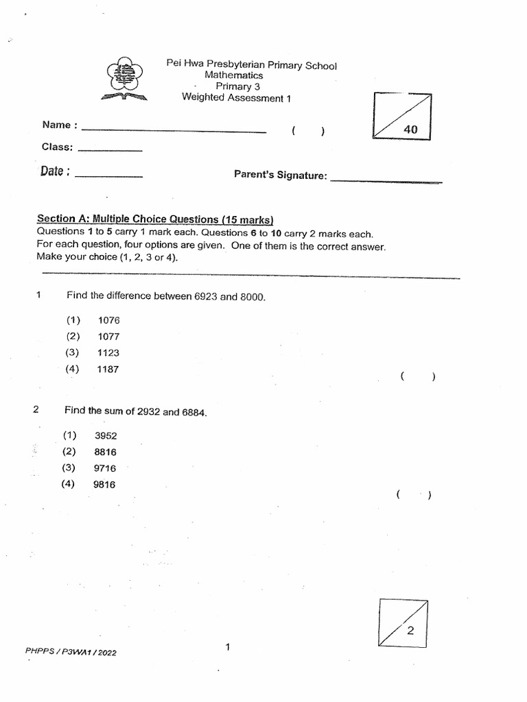 P3 Maths 2022 PeiHwa WA1 Papers | PDF