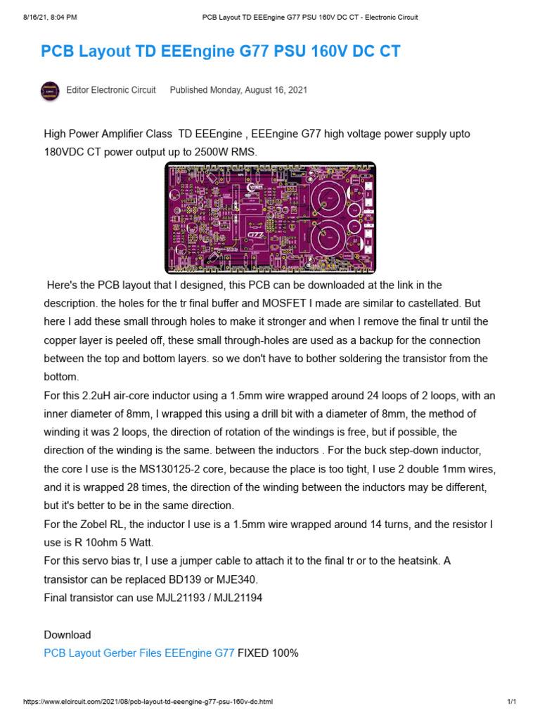 PCB Layout TD EEEngine G77 PSU 160V DC CT - Electronic Circuit | PDF