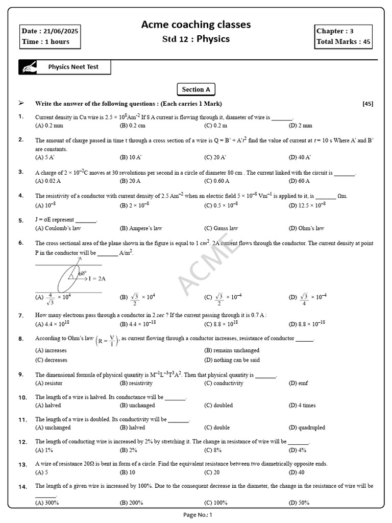 Std 12 Physics Chapter 3 Test Questions | PDF | Electric Current ...