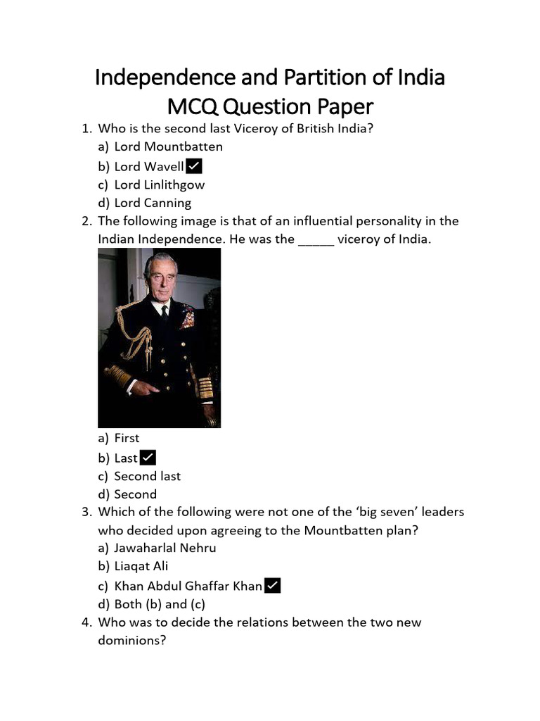 India Independence MCQ Question Paper | PDF