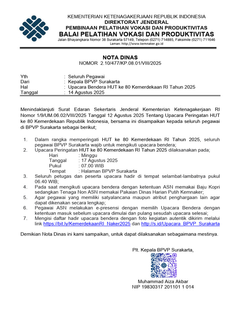 477.Nota Dinas Upacara Bendera HUT Ke 80 Kemerdekaan RI Tahun 2025_sign ...
