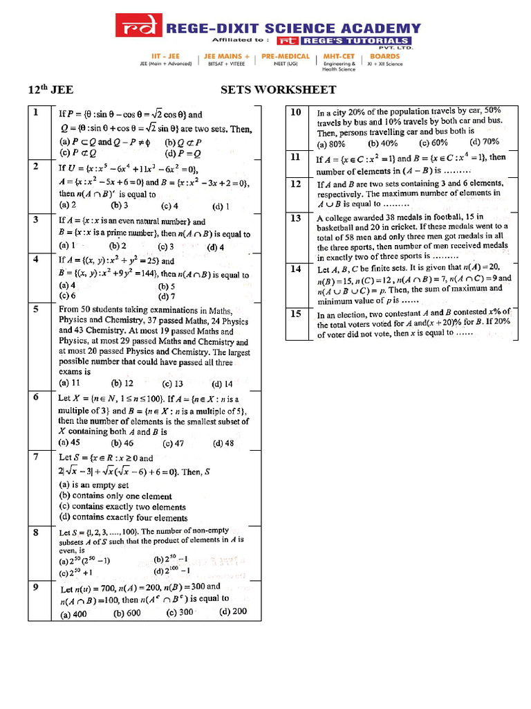12th Jee Sets Worksheet | PDF
