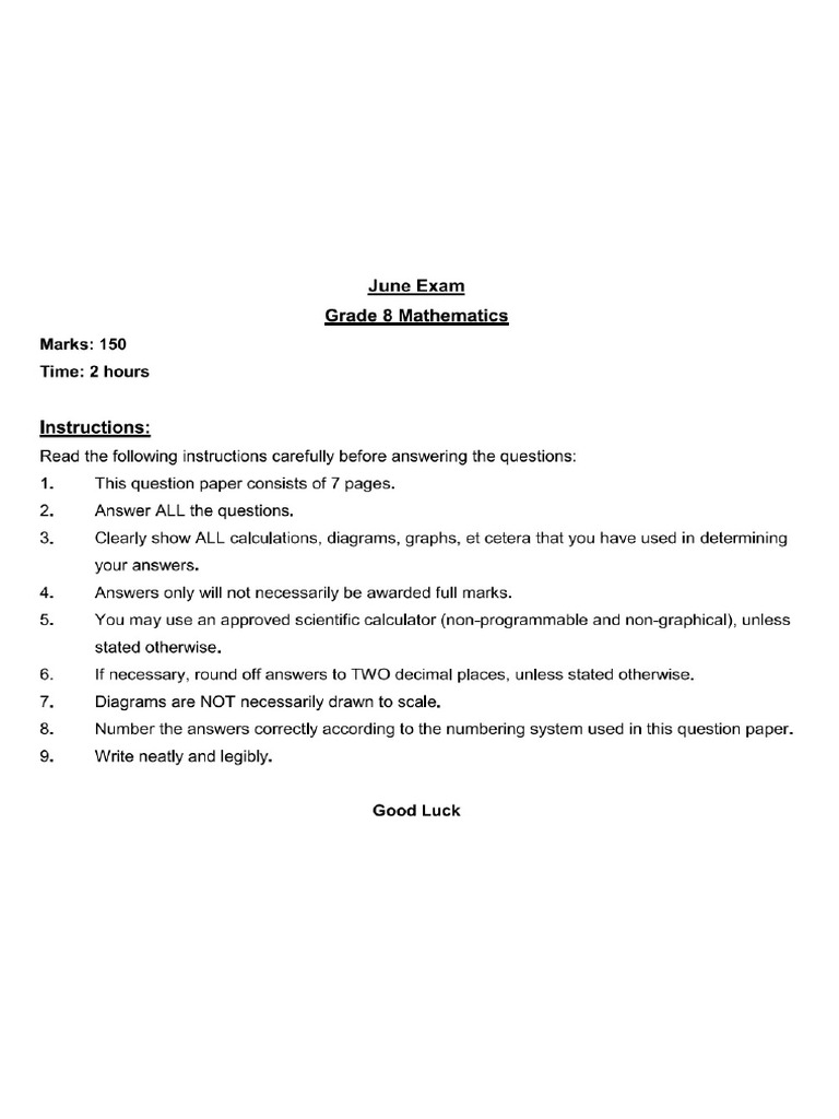 Grade 8 Mathematics June Exam 2024 | PDF