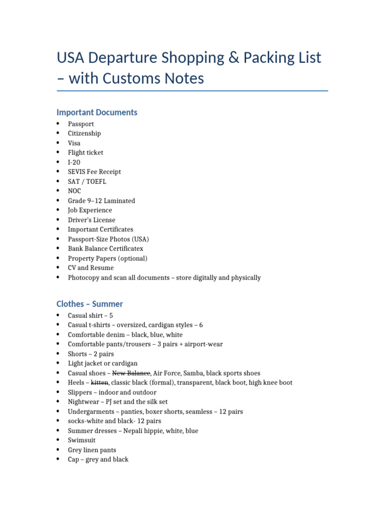 USA Shopping & Packing Guide | PDF | Trousers | Softlines (Retail)