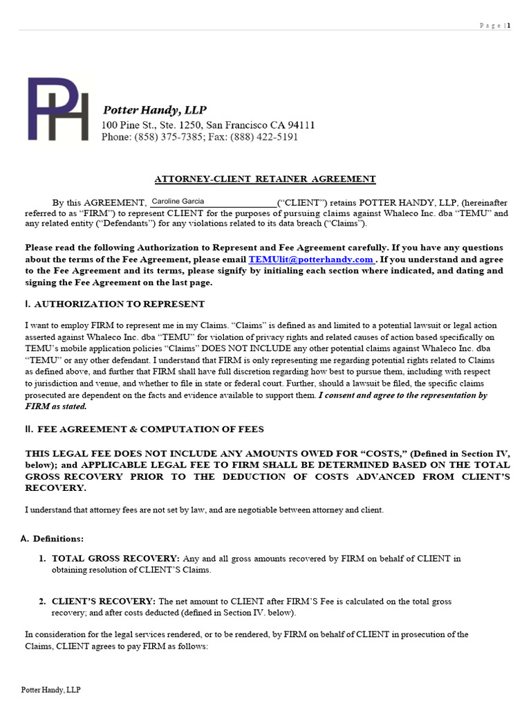 TEMU Data Breach Retainer Agreement | PDF | Limited Liability ...