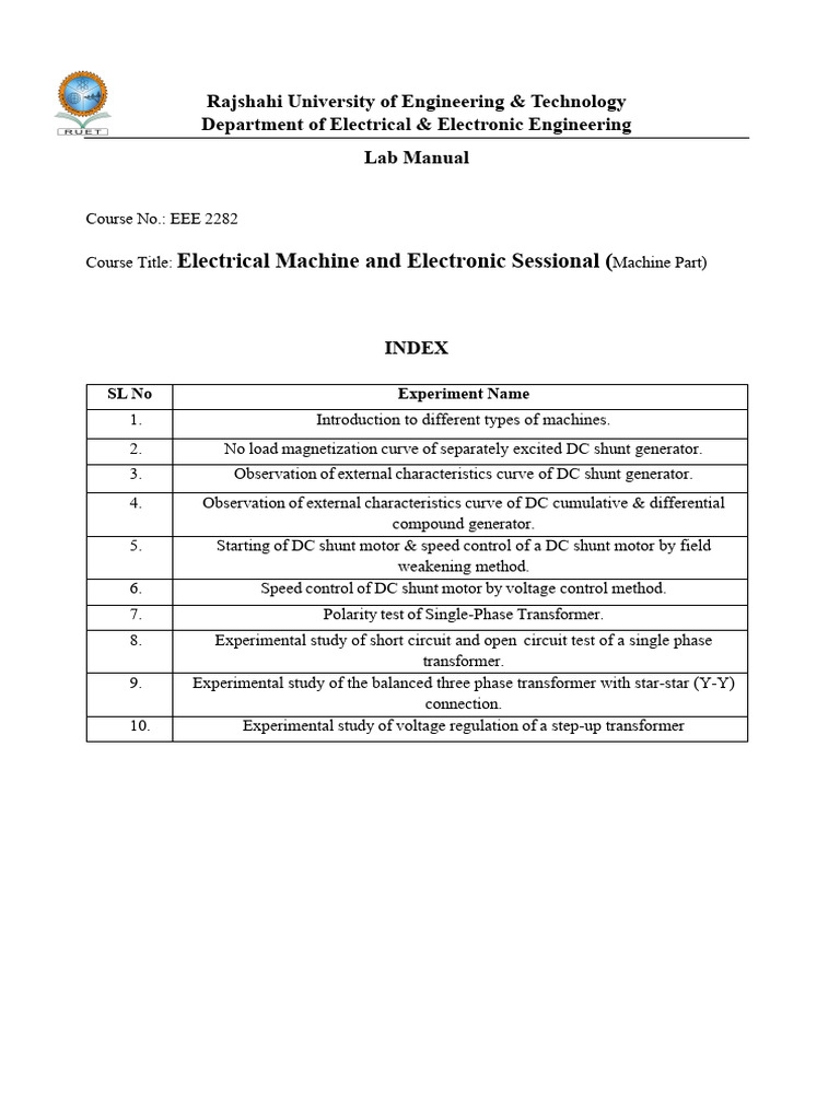 Electrical Machines Lab Manual EEE 2282 | PDF | Electric Motor ...