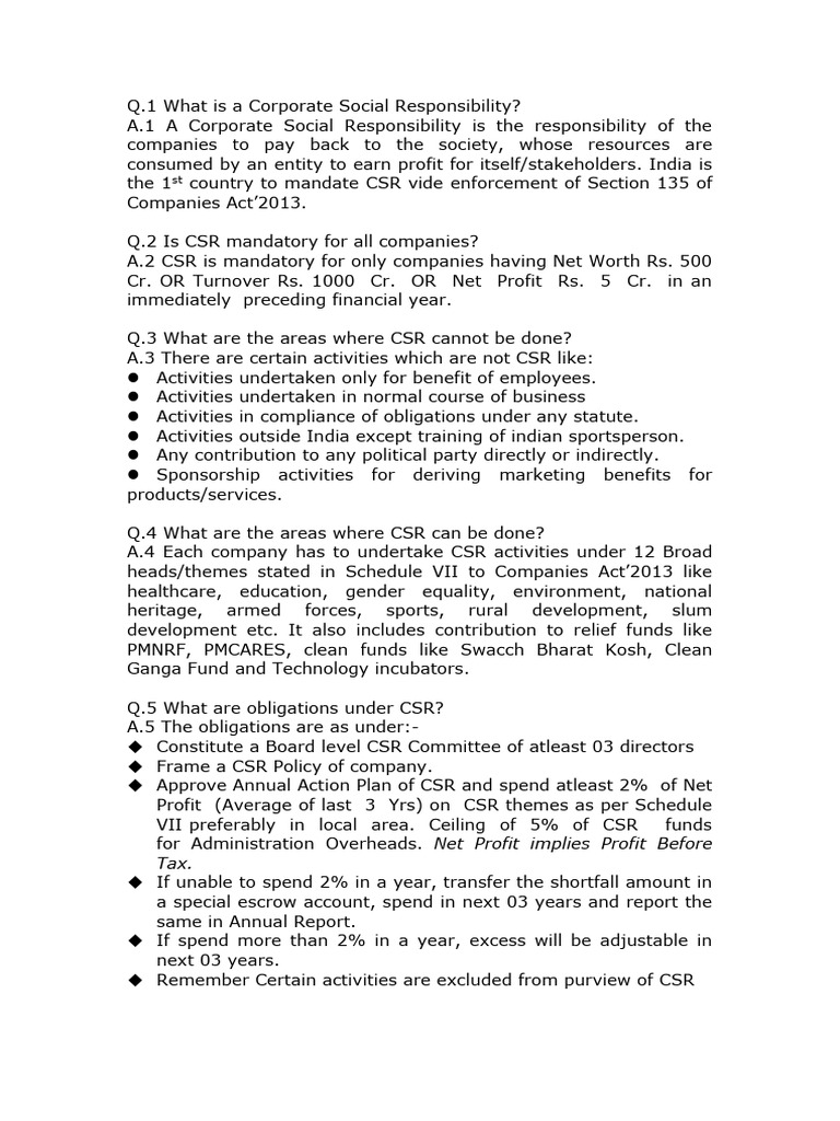 CSR FAQs AS CIL EXAM MATERIAL | PDF | Corporate Social Responsibility ...