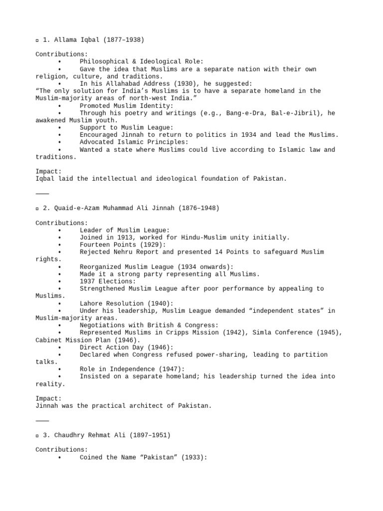 Key Figures in Pakistan Movement | PDF | All India Muslim League ...