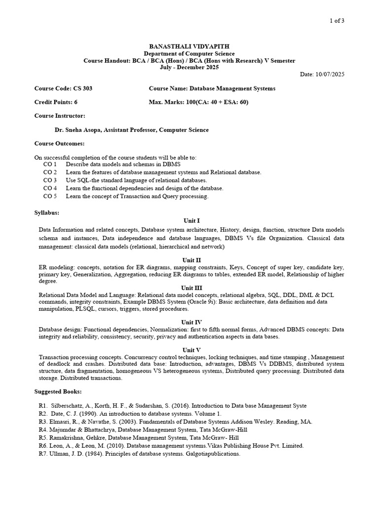 Database Management Systems Course Guide | PDF | Databases | Data Model
