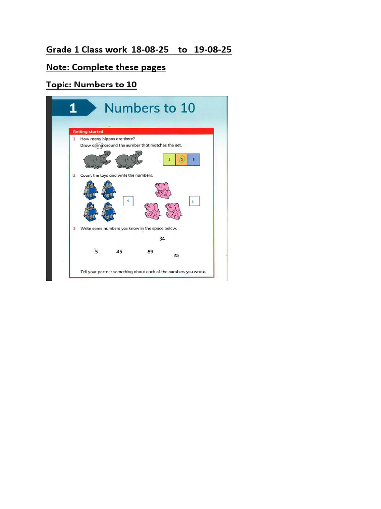 Grade 1 Class Work 18 To 19 Aug 2025 Mathematics | PDF