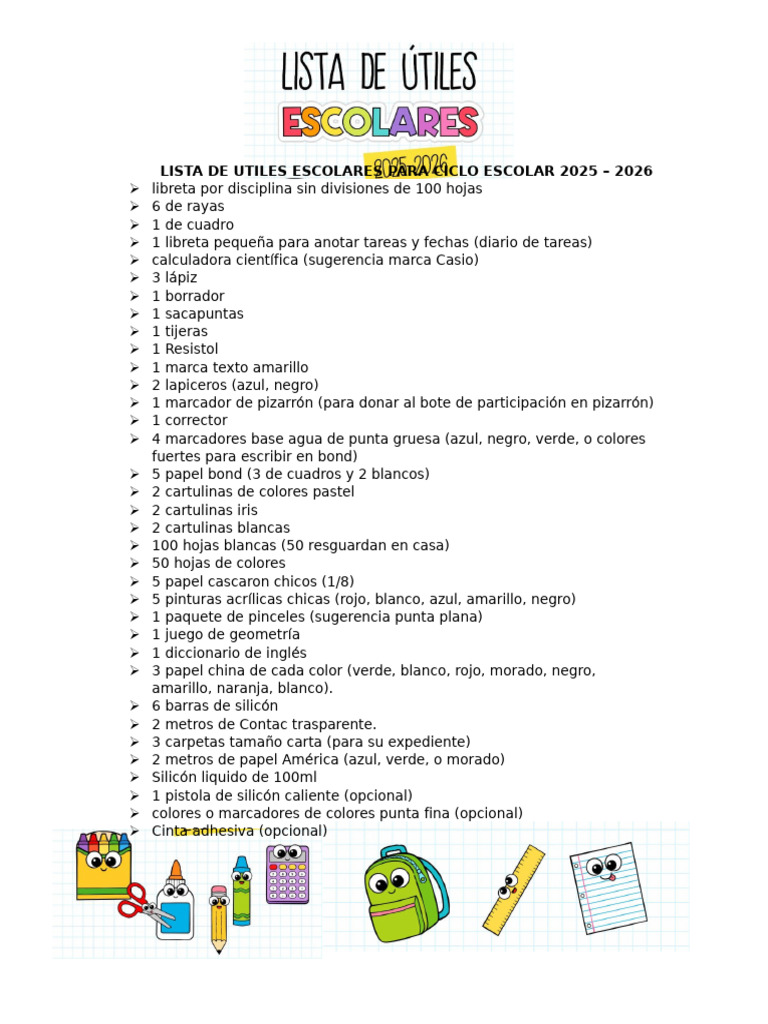 Lista de Utiles Escolares para Ciclo Escolar 2025 | PDF