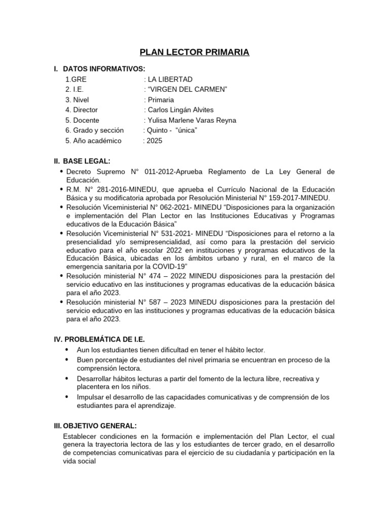 Plan Lector para Primaria 2025 | PDF | Salón de clases | Maestros