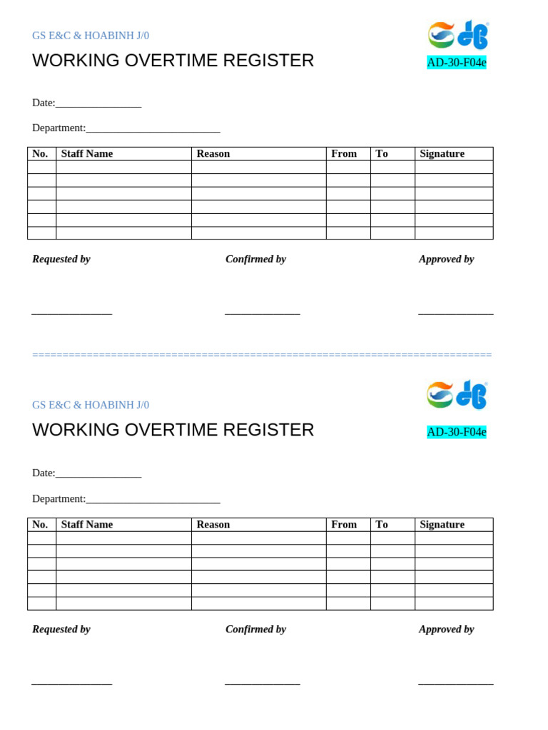 AD-30-F04e - Working Overtime Register | PDF