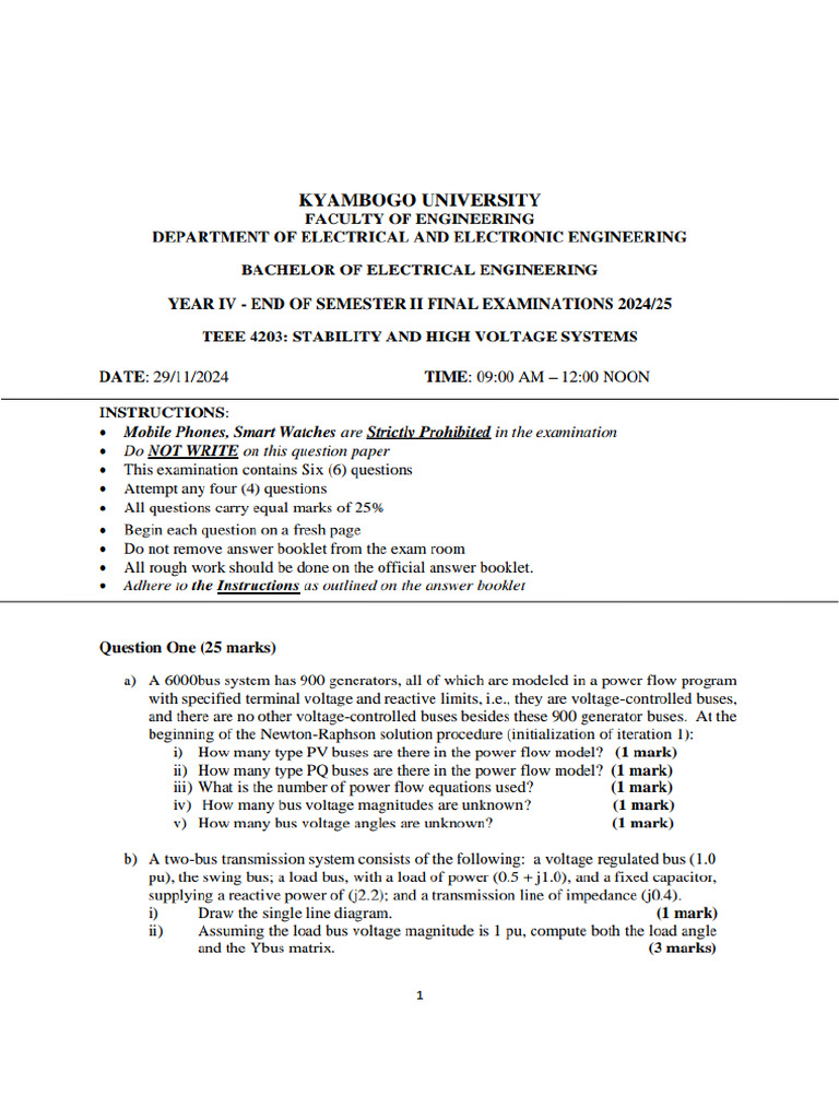 TEEE 4203 Stability and High Voltage Systems Exam 2024 | PDF