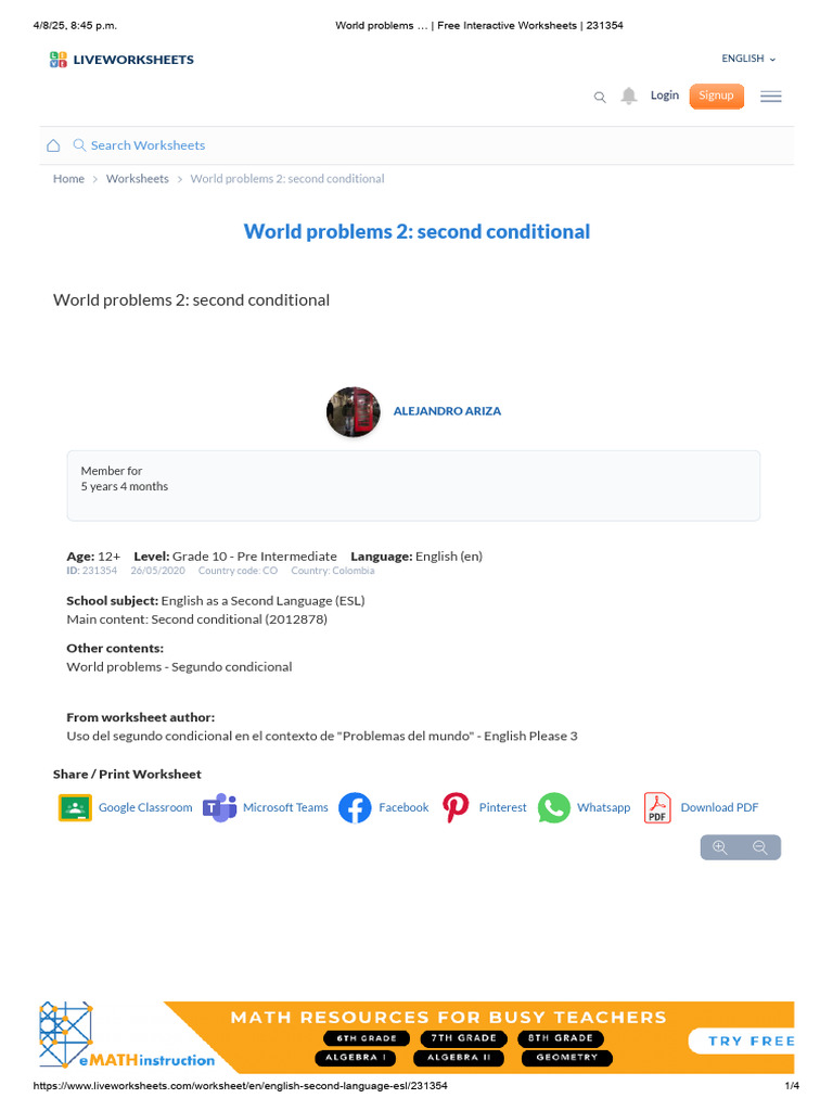 Second Conditional ESL Worksheet | PDF