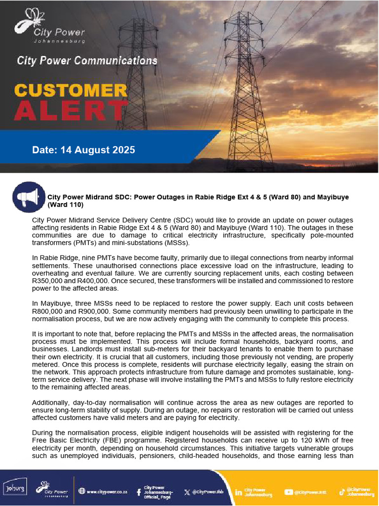 City Power Midrand SDC Power Outages in Rabie Ridge Ext 4 & 5 (Ward 80 ...