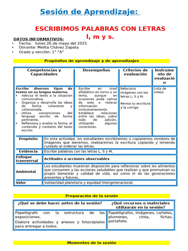 1° Sesión Día 5 Com Escribimos Palabras Con Letras L, M y S | PDF