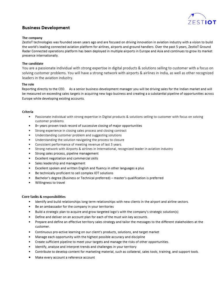 Senior Business Development Manager Role | PDF | Airport | Sales