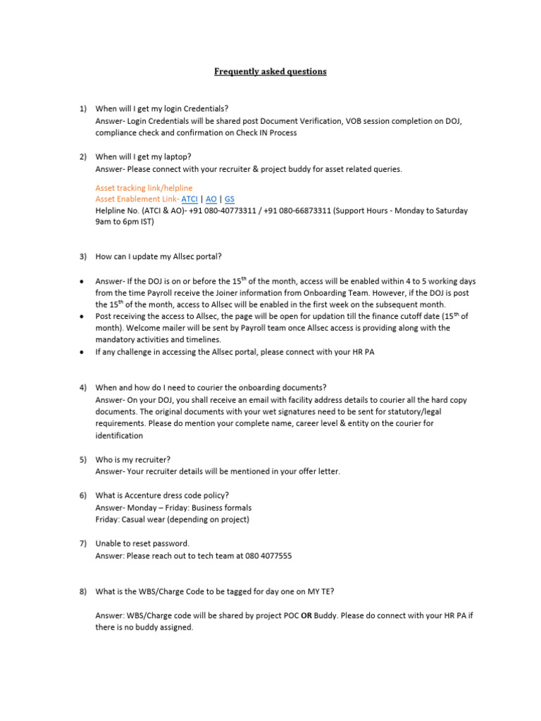 Accenture Onboarding FAQs and Resources | PDF