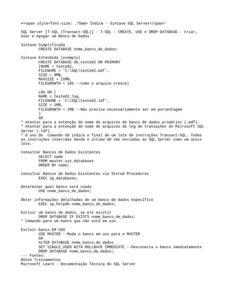 Sintaxe SQL Server: Criar e Gerir DBs | PDF