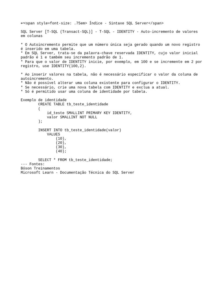 Auto-Incremento no SQL Server | PDF