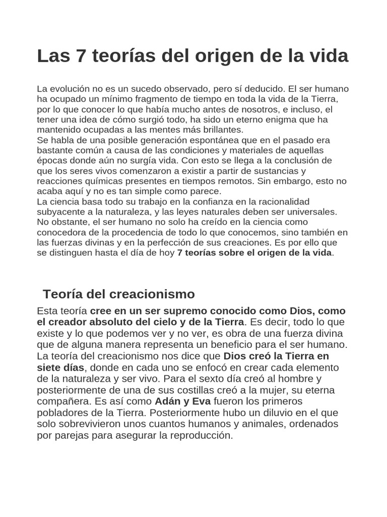 Teorías sobre el origen de la vida | PDF | Vida | Abiogénesis