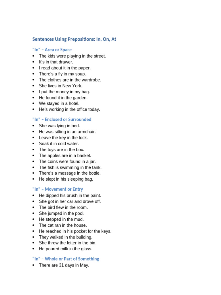 Preposition Usage: In, On, At Examples | PDF